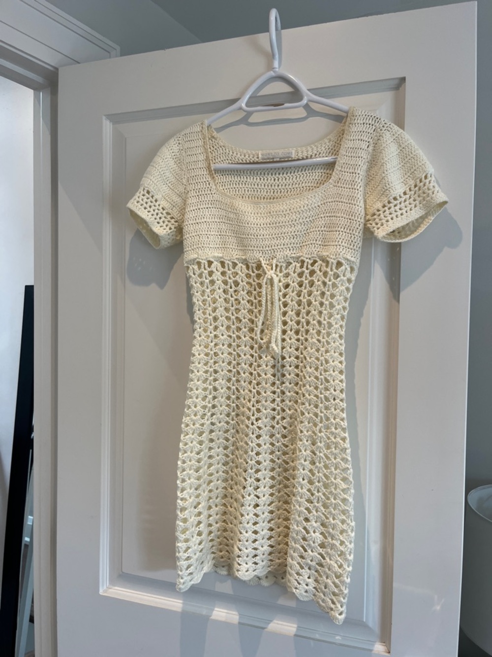 Crochet Tie-Waist Mini Dress in Cream
